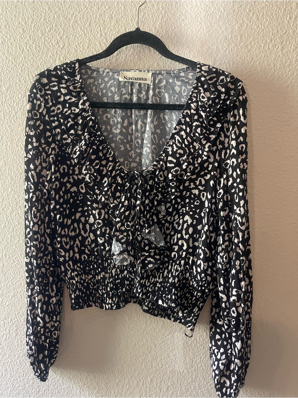 Savannah Jane Black & Cream Leopard Print Ruffle Tie-Neck Blouse